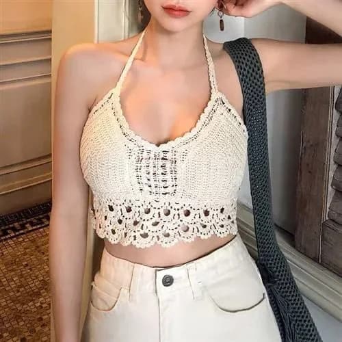 Lace Halter Crop Top with Built-In Bra