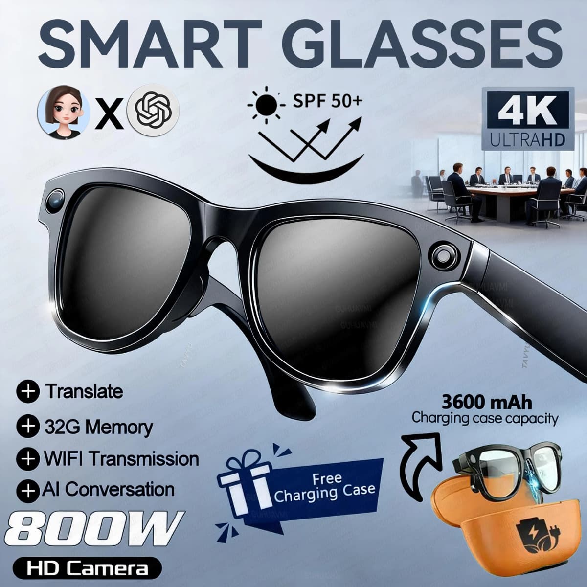 4K HD Camera AI Smart Sunglasses with 3600mAh Power Bank, 32GB Memory & 160+ Language Translation